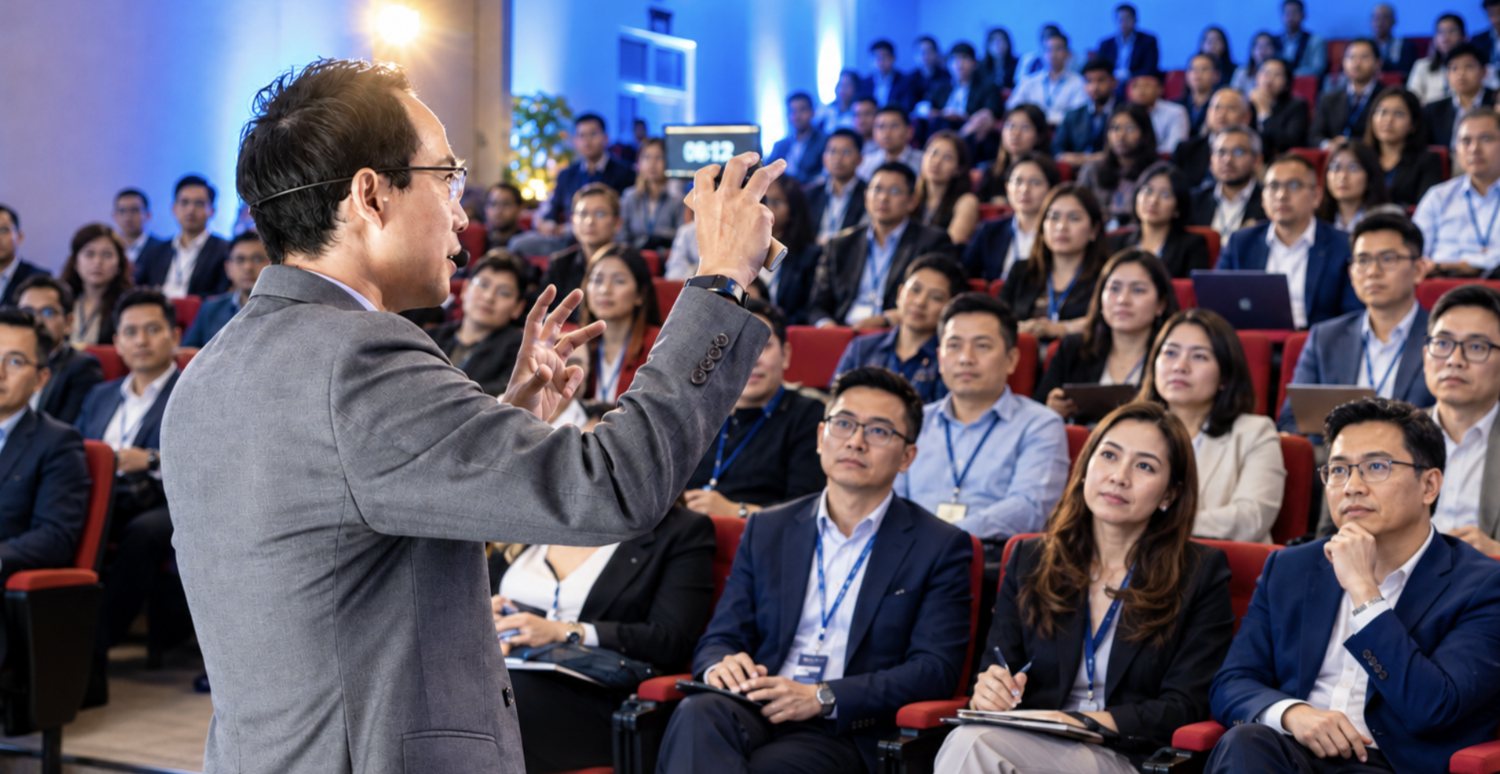Kenneth Kwan speaking at a corporate event